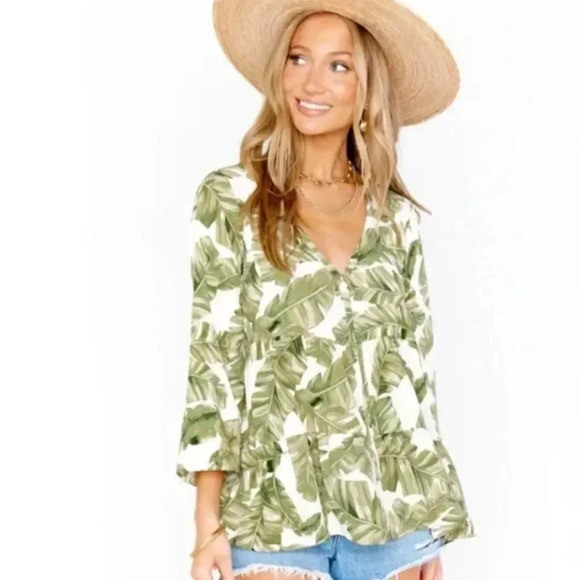 Show Me Your Mumu Marlow Top Blouse Shirt Palm Leaf Print White Green New XS - Picture 2 of 13